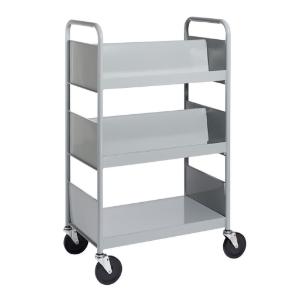 Gray Cart with Two Double-Sided Sloping Shelves, One Flat-Bottom Shelf