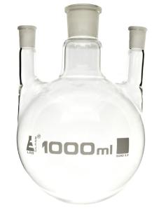 Distilling flasks with 3 parallel necks, round bottom, interchangable joints