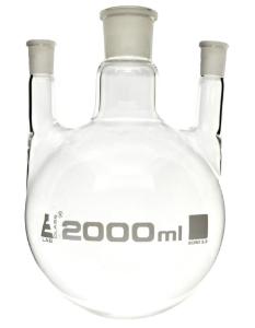 Distilling flasks with 3 parallel necks, round bottom, interchangable joints