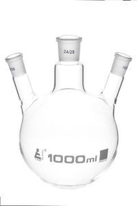 Distilling flasks with 3 angled necks, round bottom, interchangable joints